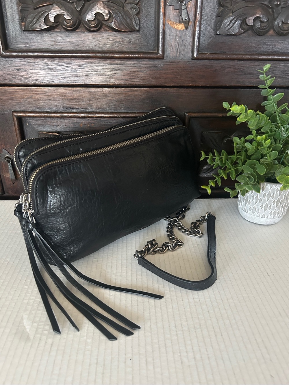 Treasure & Bond Black Leather triple -Zip Crossbody with Chain Tassel